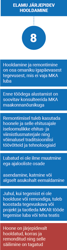 Vajalikud tegevused:  –	Hooldamine ja remontimine on osa omaniku igapäevasest tegevusest, mis ei vaja MKA luba  –	Enne töödega alustamist soovitavalt konsulteerida MKA maakonna nõunikuga –	Remontimisel tuleb kasutada hoonele ja selle ehitusajale iseloomulikke ehitus- ja viimistlusmaterjale ning võimalusel traditsioonilisi töövõtteid ja tehnoloogiaid –	Lubatud ei ole ilme muutmine ega ajalooliste osade asendamine, katmine või algselt asukohalt eemaldamine –	Juhul, kui tegemist ei ole hoolduse või remondiga, 