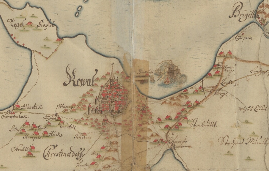 17. saj lõpu Tallinn skemaatiliselt kujutatud eeslinnadega. Detail J. Holmbergi plaanist. Rahvusarhiiv
